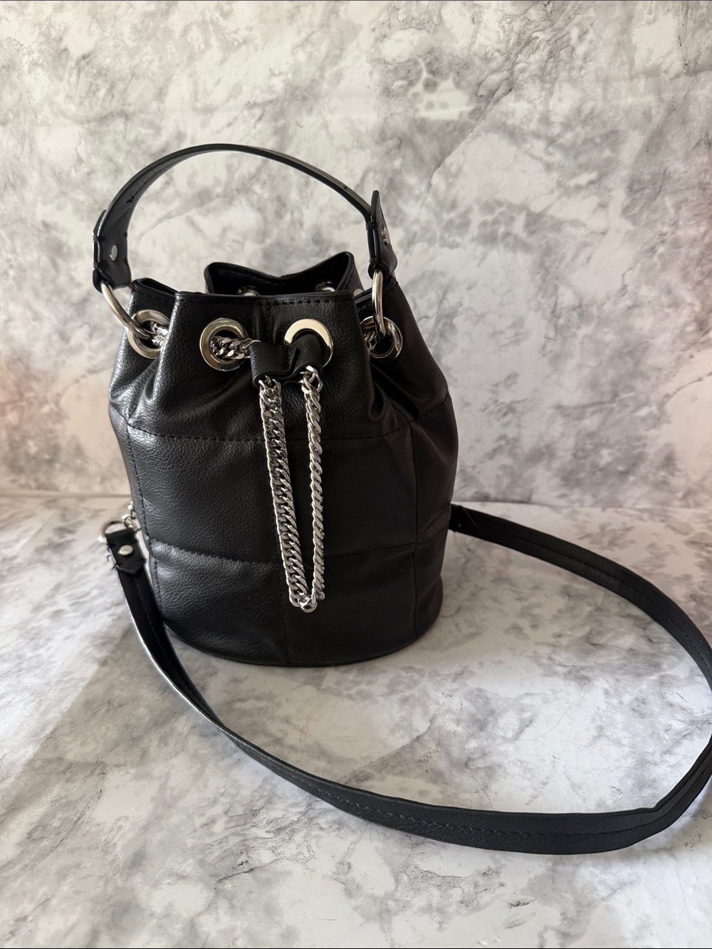 Zara Black Quilted Bucket Shoulder Bag with Silver Chain